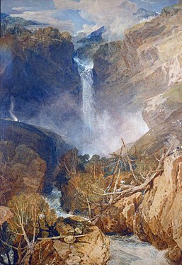 "Rhaeadr Fawr y Reichenbach, yn Nyffryn Hasle, y Swistir" (1804, dyfrlliw ar bapur) gan J.M.W. Turner