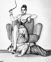 Foot worship of one of the feet of a dominatrix by a submissive man. Her other foot rests over the man's head, using it as a footstool (human furniture). This sketch is from a 1950 work named Bizarre Honeymoon. Bizarre Honeymoon 02.jpg