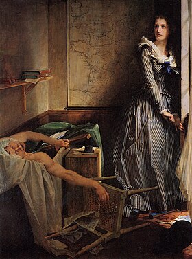 Charlotte Corday by Paul Jacques Aim Baudry, painted 1860:Under the Second Empire, Marat was seen as a revolutionary monster and Corday as a heroine of France, represented in the wall-map.