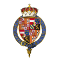 Arme di Carlo, Infante di Spagna, Arciduca d'Austria, Duca di Borgogna, ornato dalle insegne dell'Ordine della Giarrettiera