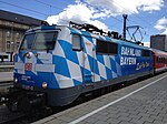 DB 111 017 with special paintwork "Bahnland Bayern" at Munich Hauptbahnhof in June 2012