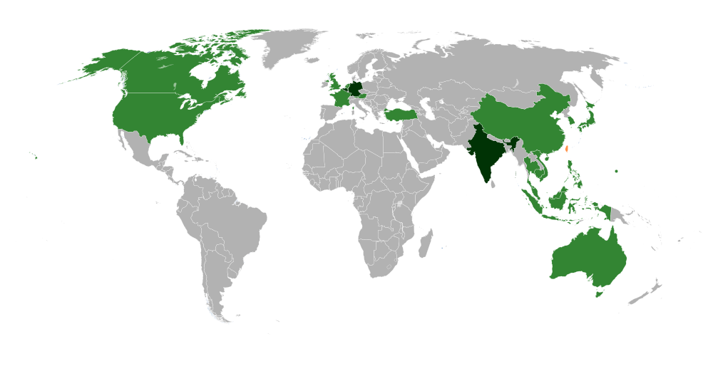 Countries with EVA Air destinations as of May 2019.