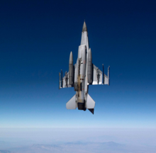 The underside of an F-16 during a vertical climb F16 vertical climb.png