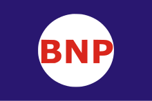 A dark blue banner, featuring a white circle, with the letters BNP in red.