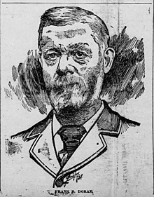 A black and white drawing of a man with a groomed beard, short hair parted to the right, and bags under his eyes. He is wearing a tie and jacket.