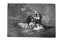 An engraving from Goya's Disasters of War, showing starving women, doubtless inspired by the terrible famine that struck Madrid in 1811-1812. Goya-Guerra (59).jpg