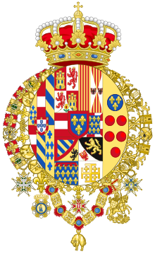 Blason surmonté d'une couronne royale et entouré de colliers en or