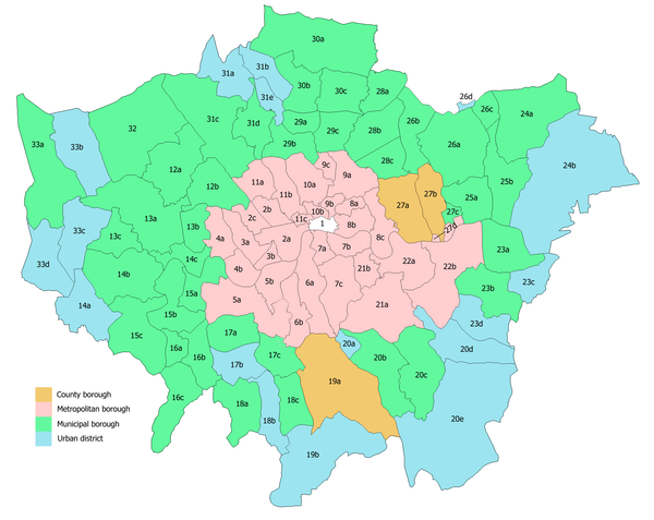 Former local authorities in the Greater London area * County boroughs * Metropolitan boroughs * Municipal boroughs * Urban districts Greater London composite parts.PNG