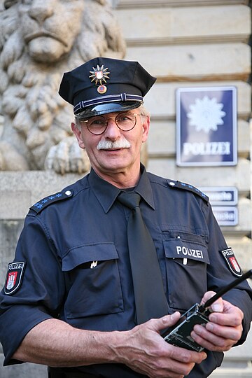 Alto oficial da polícia de Hamburgo de serviço em frente da prefeitura de Hamburgo, Alemanha. (definição 2 912 × 2 912)