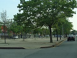 Wide, tree-lined median on Hillside Avenue