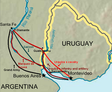 карта региона Платин, показывающая маршруты атак армий, идущих из Уругвая в северную Аргентину, а затем на юг в сторону Буэнос-Айреса