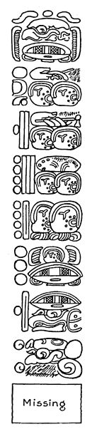 Fig. 60. Part of the inscription on Stela 10, Tikal (probably an Initial Series), showing a number composed of eight periods.