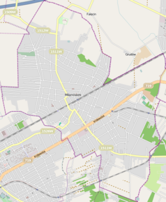 Mapa konturowa Milanówka, blisko centrum na lewo znajduje się punkt z opisem „Willa „Borówka””