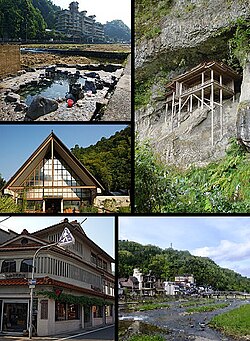Clockwise from top left: Misasa Spa, Sanbutsu Temple in Mount Mitoku, Mitoku River, Place of Team Hall (Jinsho no Yakata in Japanese), Misasa Art Museum