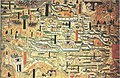 Настенная живопись из пещеры 61 в пещерах Могао, Дуньхуан, провинция Ганьсу, Китай, датированная X веком и изображающая монастырскую архитектуру династии Тан с горы Утай (五臺山/五台山), провинция Шаньси.