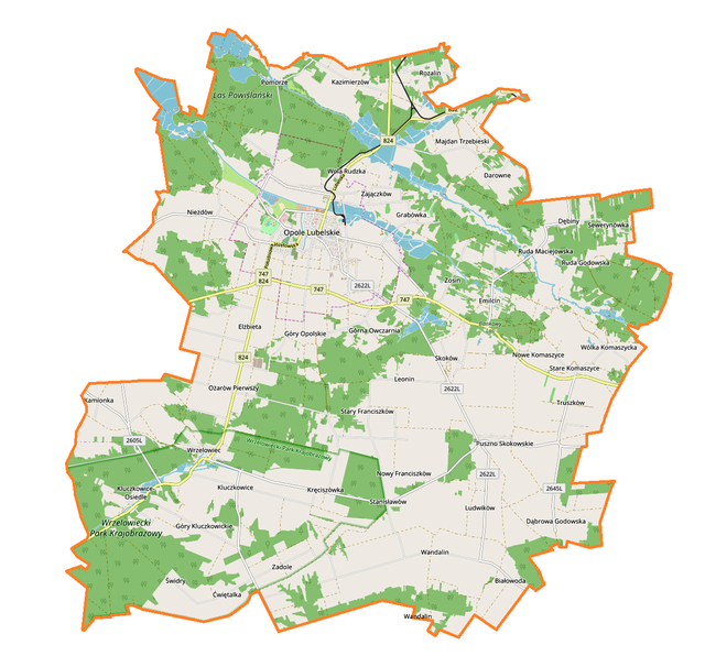 Mapa konturowa gminy Opole Lubelskie, blisko centrum u góry znajduje się punkt z opisem „Opole Lubelskie”