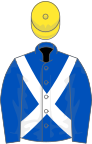 Royal blue, white cross sashes, yellow cap