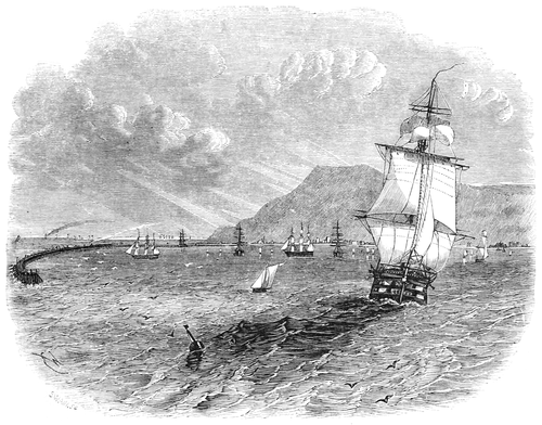 alt = View of Portland Harbour, with sailing vessels, in 1860