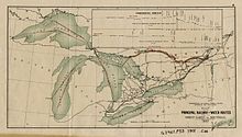 1907 Canadian major internal and cross border shipping routes Railway and shipping routes for the Georgian Bay Ship Canal.jpg