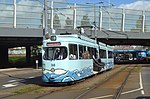 Düwag-dubbelgelede wagen 368 als 'Haventram' op de Bergwegbrug.