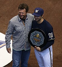 Braun accepts his 2011 National League MVP award from 1989 American League winner Robin Yount. Ryan Braun Accepts 2011 MVP from Robin Yount.jpg