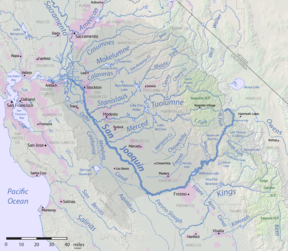 Kaart van die San Joaquin-rivier-bekken in Noord-Amerika.