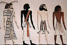 A Libyan, a Nubian, a Syrian, and an Egyptian, drawing by an unknown artist after a mural of the tomb of Seti I Seti1a.jpg