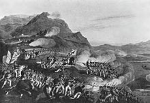 Scène de bataille entre soldats français de Napoléon et Britanniques, sur une colline.