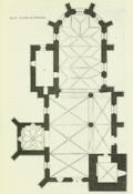 Grundriss; a: Nordkapelle, b: Westportal; c: Chorportal; d: Sakramentsnische; e: Sakristei