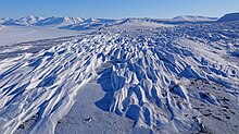 Sastrugi formed during a blizzard just a few hours earlier. Svalbard-Sastrugi-Snow.jpg