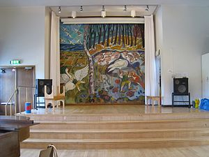 Olovslundsskolan, aulan med Sven Erixsons väggmålning från 1935.