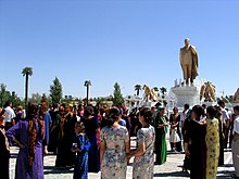 Golden statue of Saparmurat Niyazov in Ashgabat Turkmenistan Wedding.jpg