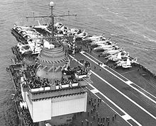 Enterprise in 1967, showing the ship's SCANFAR antennas USSEnterpriseIsland67 (4409751346).jpg