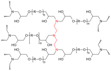 Structure of a cured epoxy glue. The triamine hardener is shown in red, the resin in black. The resin's epoxide groups have reacted with the hardener and are not present anymore. The material is highly crosslinked and contains many OH groups, which confer adhesive properties VernetzteEpoxidharze.svg