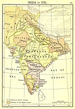 18th-century political formation in India 1751 map of India from "Historical Atlas of India", by Charles Joppen.jpg