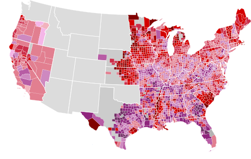 Results by county, shaded according to winning candidate's percentage of the vote