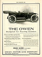 1910 Owen Motor Car Advertisement in the Horseless Age Magazine