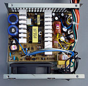 Interior view of an ATX power supply.