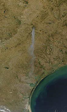 Satellite image of the smoke plume emanating from the fire
