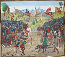 קרב נאחרה, מכתב יד מהמאה ה-15, האנגלים ופדרו נמצאים משמאל ואילו הצרפתים ואנריקה מימין.