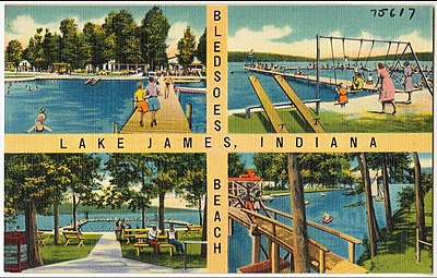 Old postcard with lake, piers, and people relaxing.