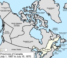 The colonies that made up British North America in 1867. The highlighted areas represent the colonies of New Brunswick, Nova Scotia, and the Province of Canada, the three colonies that first formed the Canadian Confederation in 1867. Canada provinces 1867-1870.png