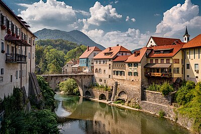 Die Cappuchin-brug (Sloweens: Kapucinski most) in Škofja Loka, Slowenië.