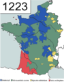 1223 - Cette carte (1) représente la France à la fin du règne de Philippe II Auguste. Il faudrait la recopier avec les conquêtes de Louis VIII le Lion (Aquitaine et Languedoc) pour avoir une carte (3) de la France du début de règne de Saint Louis (et de la fin de celui de Louis VIII).