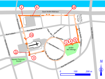 plan du quartier de l'enceinte avec repères indiquant l'emplacement des vestiges, détaillés ci-après