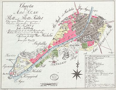 Map of Åbo after the 1827 fire. Destroyed areas are in grey, surviving areas in red. The red blocks to the South East are now the Luostarinmäki museum.