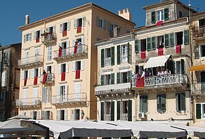 Houses in the old town of Corfu, decorated wit...