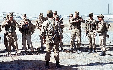 A Soviet Spetsnaz (special operations) group prepares for a mission in Afghanistan, 1988. Evstafiev-spetsnaz-prepare-for-mission.jpg