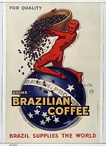 Anunci parisenc (1931), de l'artista francès Jean d'Ylen. El cartell va acompanyat d'un text que diu: Per qualitat, beu cafè brasiler. El Brasil subministra el món