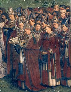 In the Ghent Altarpiece (1422) by Jan van Eyck, the popes and bishops are wearing purple robes.
